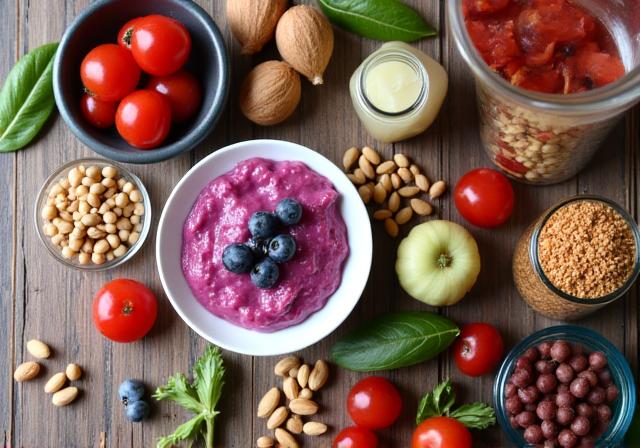 Variety of vibrant, gut-healthy foods like yogurt, kimchi, and berries on a rustic wooden table.