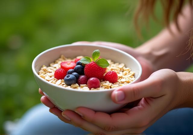 Person enjoying a mindful meal outdoors, focused on healthy food with natural light.