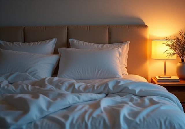 Cozy bedroom scene with soft lighting, fresh white linens, and a plant, promoting relaxation.