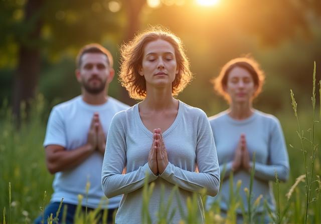 Diverse group meditating in a serene park setting, bathed in warm sunlight.